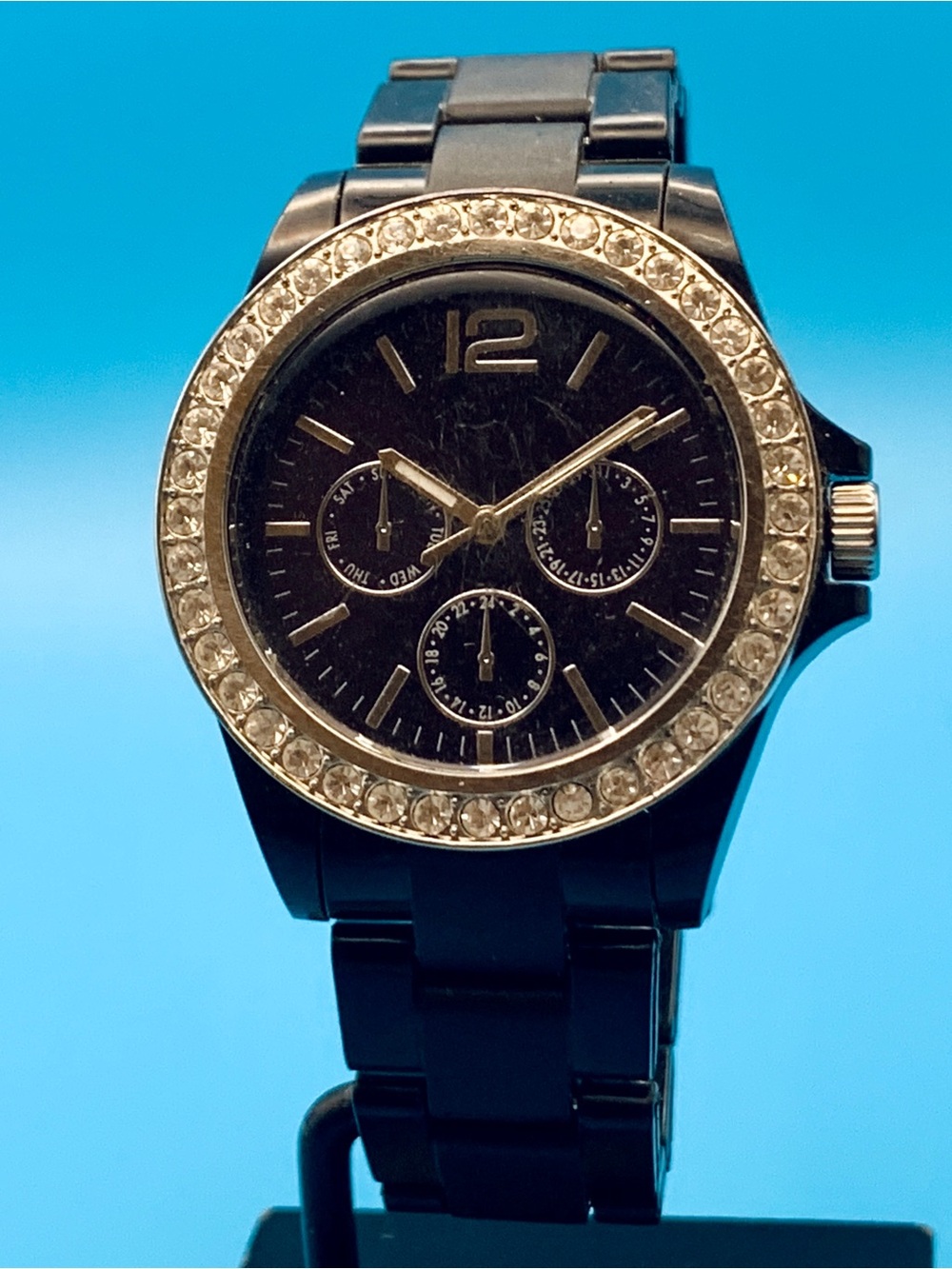 Women’s Quartz Wristwatch Crystal Bezel Faux Subdials Japan Movt Works New Batt